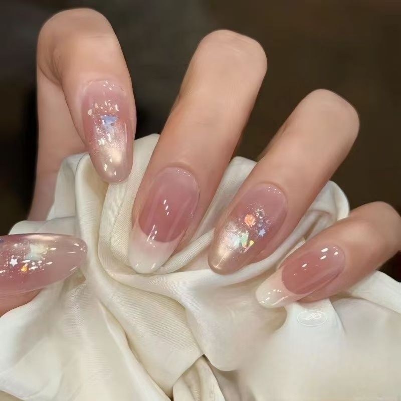 สีนู้ดสวมใส่เล็บ ODDO ฝรั่งเศส High-End เล็บ All-Match อ่อนโยนภาษาฝรั่งเศสคําเลื่อมลูกสาว Handmade W