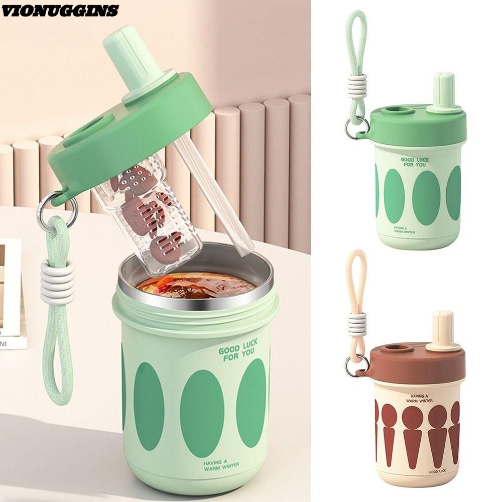 VIONUGGINS Teaky ถ้วยดื่ม,พร้อมเชือกเส้นเล็ก 304 สแตนเลส/PP แก้วฟางกาแฟ,ฉนวนขวดน้ําร้อน 485ML พร้อมฟางขวดน้ําประกอบของขวัญ