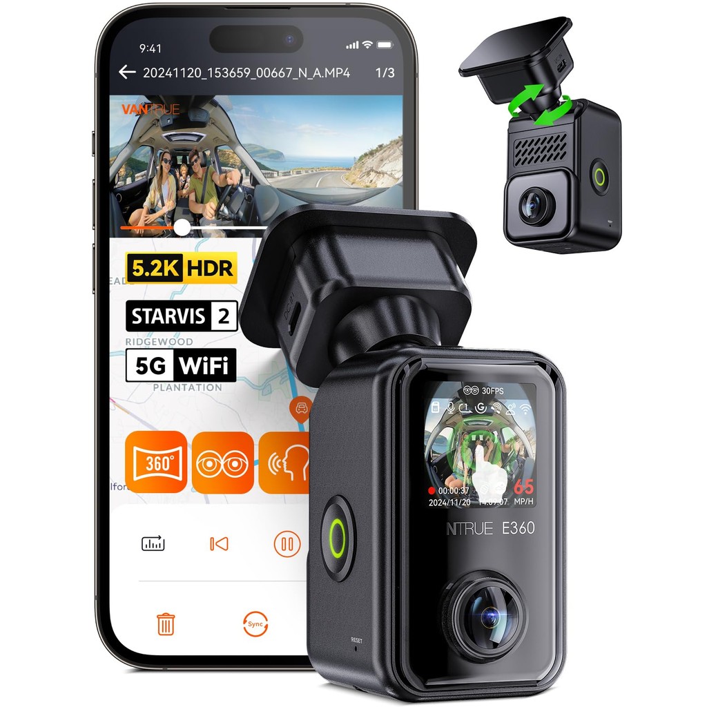 Vantrue E360 DashCam 5.2K 360° Panoramic 5GHz WiFi&GPS Dual STARVIS 2 HDR การควบคุมด้วยเสียง การควบค