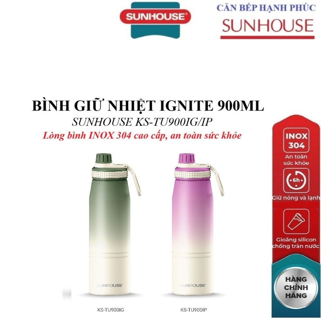 Sunhouse 900ml ขวดเก็บความร้อน Ignite KS-TU900IG/KS-TU900IP - สแตนเลส 304 - หูหิ้วพกพาสะดวก ความจุ 9