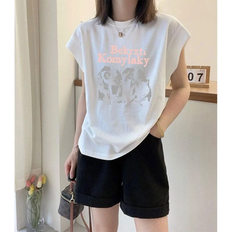 เสื้อเชิ้ตทรงหลวมลำลองแขนกุดสไตล์เกาหลี เสื้อผ้าแฟชั่นไซส์ใหญ่สำหรับสาวอวบ เสื้อยืดผู้หญิงสวยๆ สุดฮิต ลายสกรีนพิมพ์ thumbnail 5