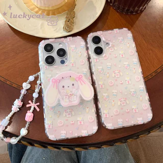 ใช้งานร่วมกับiPhone 16 15 14 13 12 11 Pro Max X Xr Xs Max 7 8 Plus SE2020 เคสโทรศัพท์Insน่ารักสีชมพูโบว์กระต่ายหูKT Cat + Lanyard + Stand Softปกหลัง