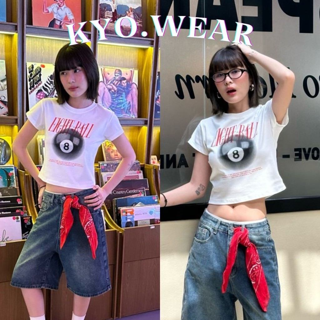 KYO 🔥 ส่งจากไทย crop top เสื้อยืดผู้หญิง ทรงสวย ใส่แล้วพรางหุ่น สลิมฟิต ผ้าCOTTONโคตรนุ่ม เสื้อ baby tee "Ball Eight"