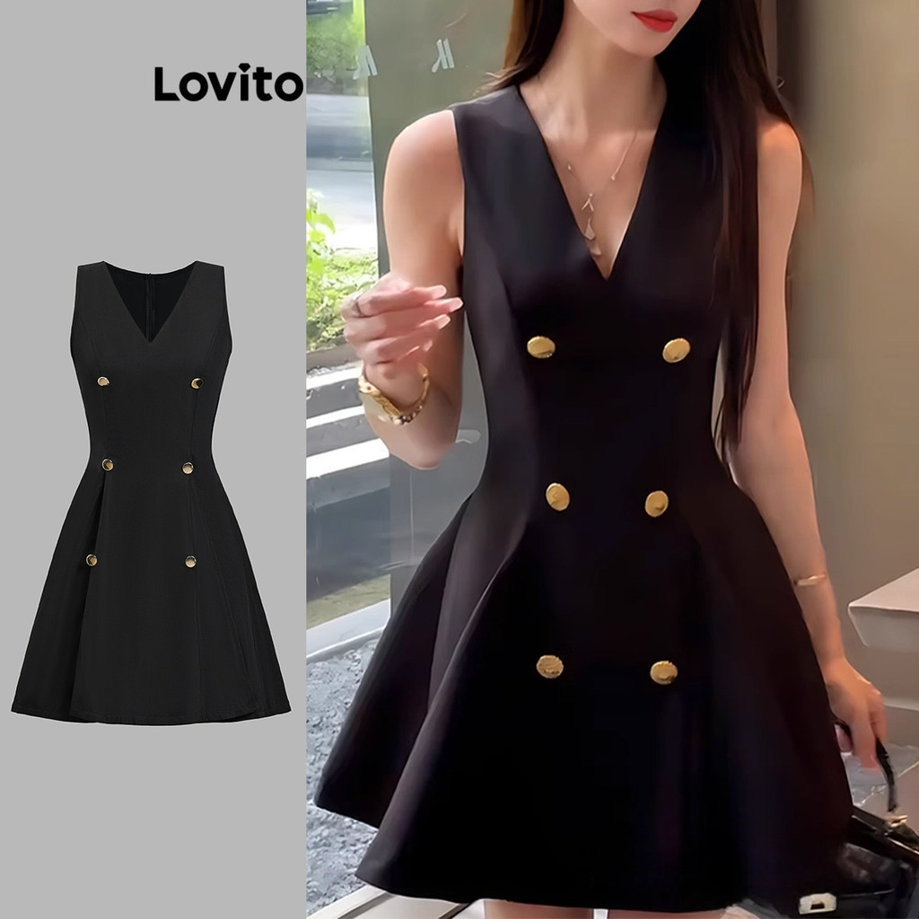 Lovito เดรสผู้หญิง มีกระดุม สีพื้น สไตล์ลำลอง LED104518