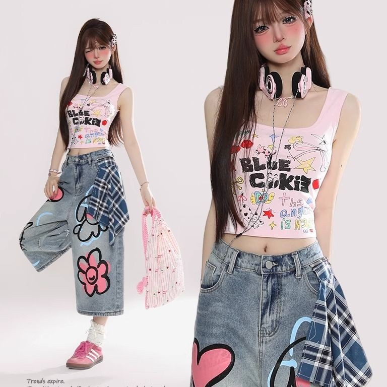 เสื้อกั๊กสายเดี่ยวพิมพ์ลายการ์ตูนย้อนยุคอเมริกัน สำหรับฤดูร้อนของผู้หญิง