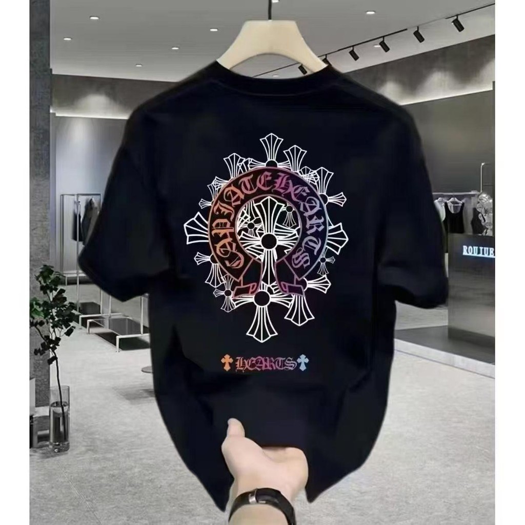 เสื้อยืดคอกลมลายเกาหลีสำหรับผู้ชาย พร้อมพิมพ์ลาย Chrome Hearts ที่ด้านหลัง เหมาะสำหรับสวมใส่ในฤดูร้อน