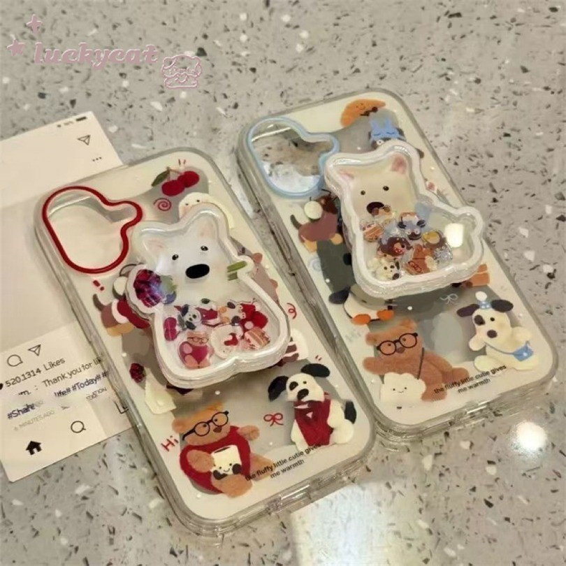 ใช้งานร่วมกับ iPhone 16 15 14 13 12 11 Pro Max X Xr Xs Max 7 8 Plus SE2020 เคสโทรศัพท์น่ารัก Red Rose สุนัขและผ้าพันคอสีฟ้าสุนัข + ขาตั้งคู่นุ่มปกหลัง