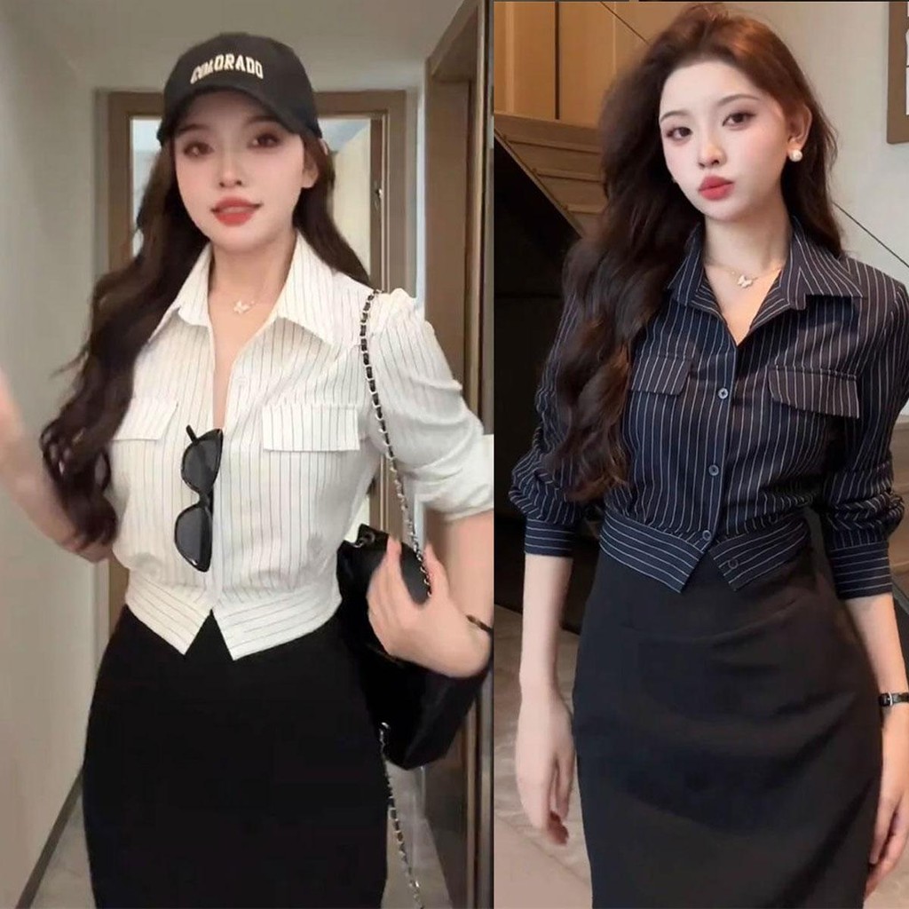 Dahong ⭐️W629 พร้อมส่ง เสื้อเชิ้ตผู้หญิง เสื้อครอป เสื้อเชิ้ตแขนยาวลายทาง ผู้หญิง คอปกโปโล  สไตล์เกาหลี สไตล์ลำลอง