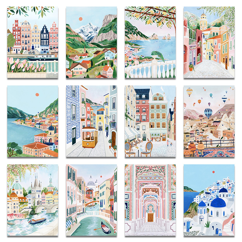 (พร้อมกรอบ) Santorini Lisbon พิมพ์ผ้าใบโปสเตอร์ Lake Como Central Park ภาพวาด Travel Home Decor