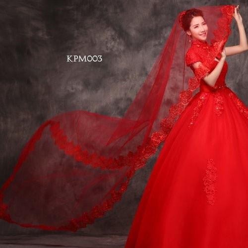 MERAH Slayer Wedding Veil สําหรับผู้หญิงลูกไม้โบรเคดสีแดง KPM003