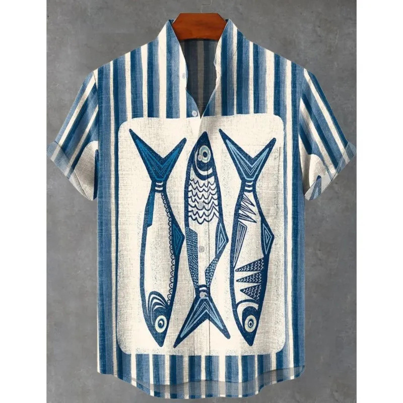 เสื้อยืนคอแบบ Retro 3D Art พิมพ์ลายปลามาในสไตล์แคชวลสำหรับผู้ชายทำจากผ้าลินิน