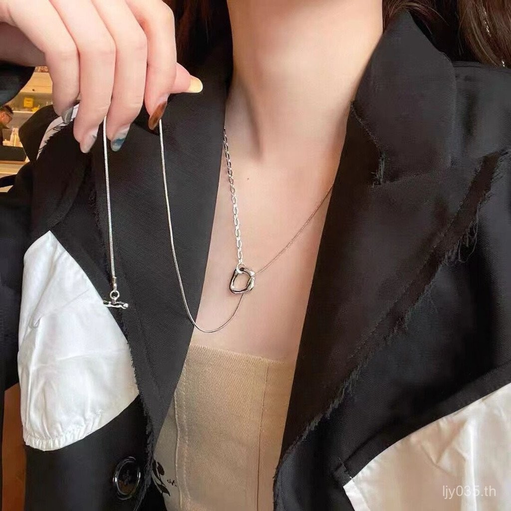คู่รักญี่ปุ่นเกาหลีสวมโซ่เสื้อกันหนาววิธีการOTหัวเข็มขัดS925สองชั้นclaneสร้อยคอเย็บต่างๆยาวNicheเงิน