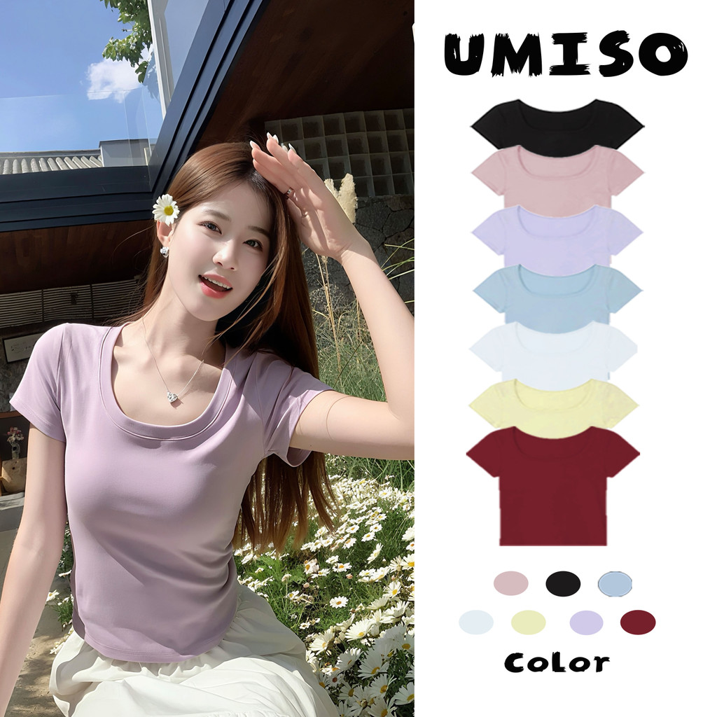 ร้อมส่ง เสื้อยืดแขนสั้นผ้ามน้ำ แข็งผู้หญิงเสื้อยืดสีทึบสไตล์เกาหลีทรงเข้ารูปและใช้งได้หลากหลาย UMISO