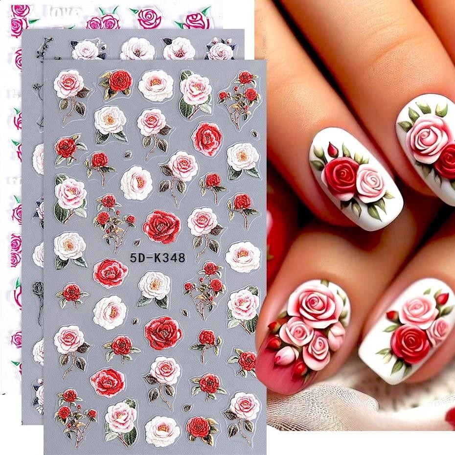 5D สีแดง Rose ดอกไม้เล็บสติกเกอร์กาวฤดูใบไม้ผลิใบออกแบบ DIY เล็บ Decals สําหรับผู้หญิงวาเลนไทน์
