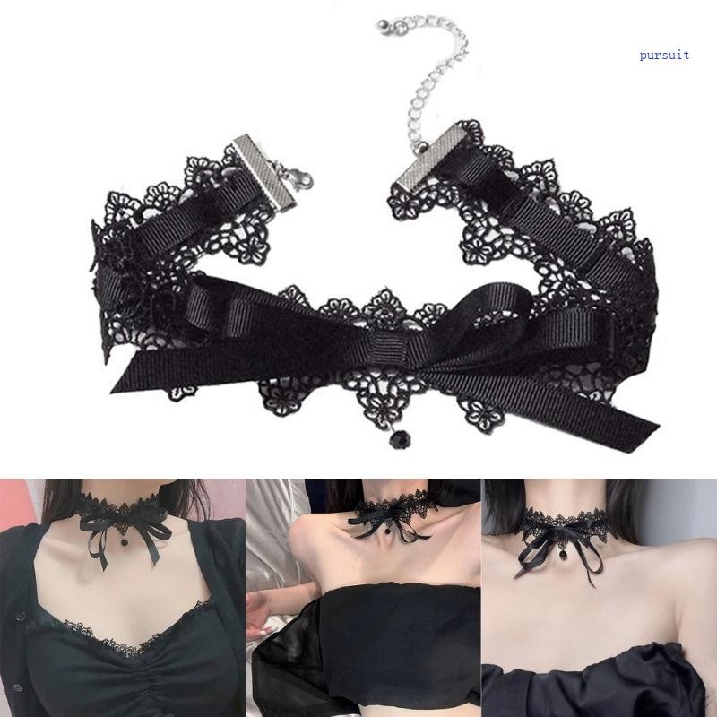 SUIT* Black Lace Bowkot Choker Necklace Gothic Short Chain Necklace เครื่องประดับแฟชั่น