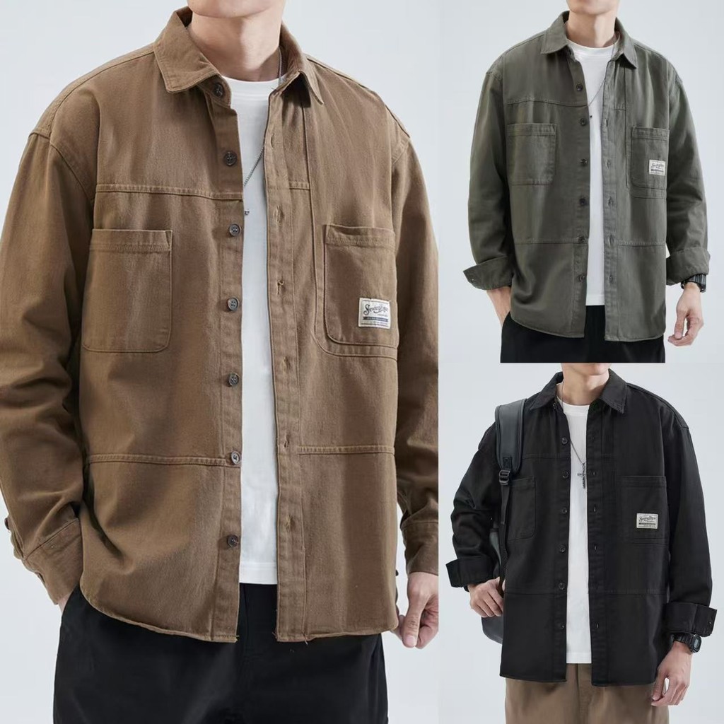 M-4XL เชิ้ตผู้ชาย แฟชั่นขนาดบวกหลวมแขนยาวลําลองคู่กระเป๋าเสื้อคาร์โก้
