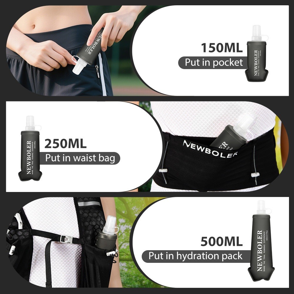 NEWBOLER 150ml 250ml 500ml Soft Flask TPU ซิลิโคนพับขวดน้ําสําหรับกีฬากลางแจ้งมาราธอนวิ่งจ๊อกกิ้งฟิตเนสแบบพกพาขวดนุ่ม BPA ฟรี - รูปที่ 7