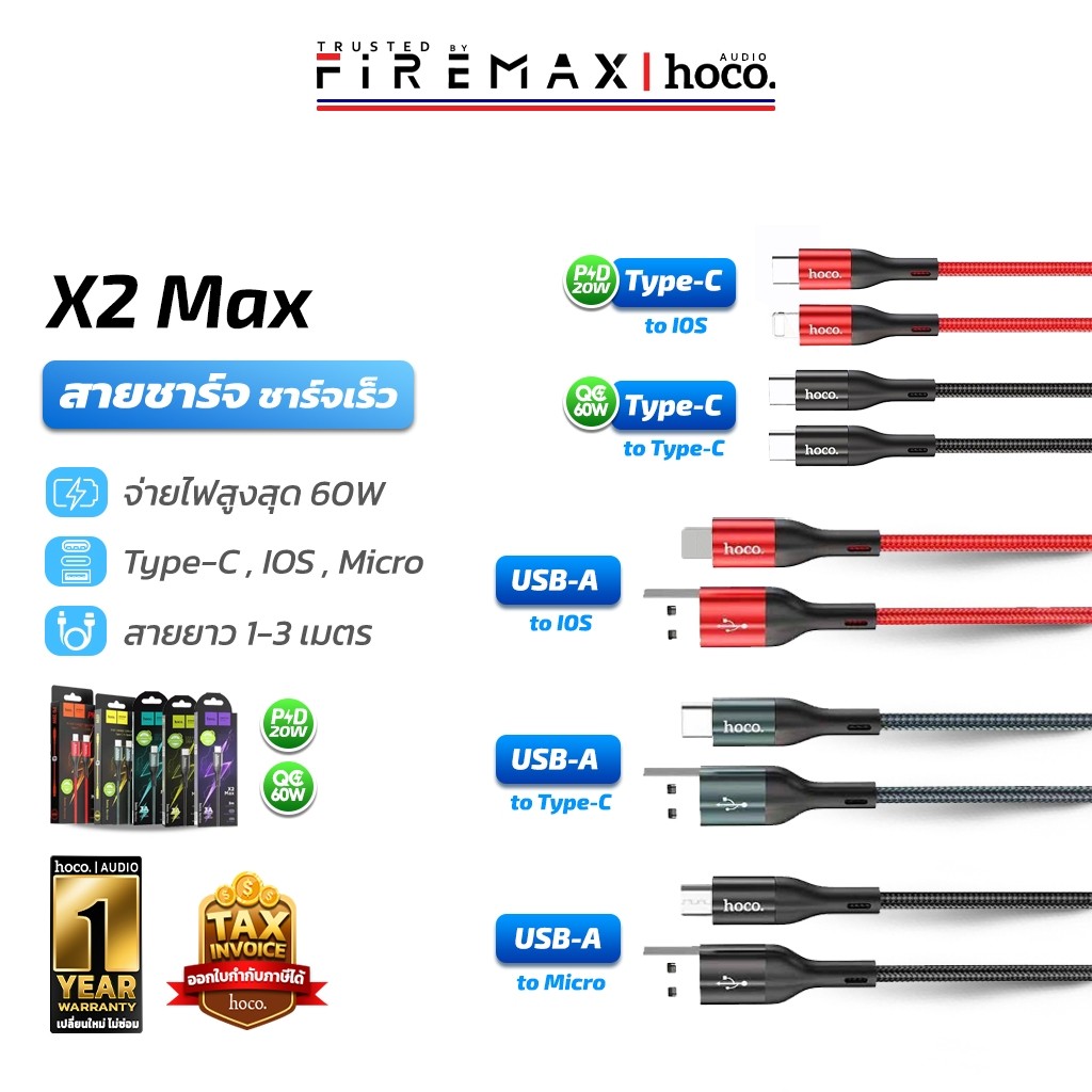 HOCO X2 Max สายชาร์จเร็ว จ่ายไฟ 3A ยาว 1/2/3 เมตร ถ่ายโอนข้อมูลได้ สำหรับ iOS, Micro, Type-C, PD 20W, TC-TC CarPlay hc1