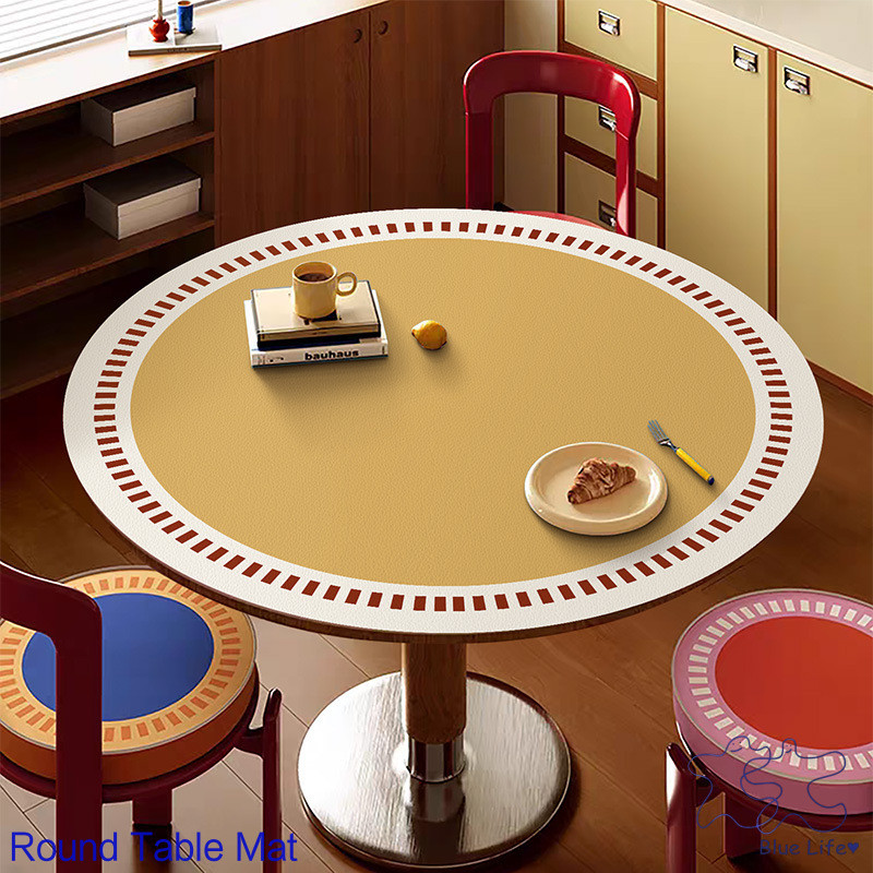 Retro Simple Grid ผ้าปูโต๊ะหนังทรงกลมตกแต่งบ้านกันน้ําเดสก์ท็อปทนต่อการสึกหรอแผ่นป้องกัน Uniersal