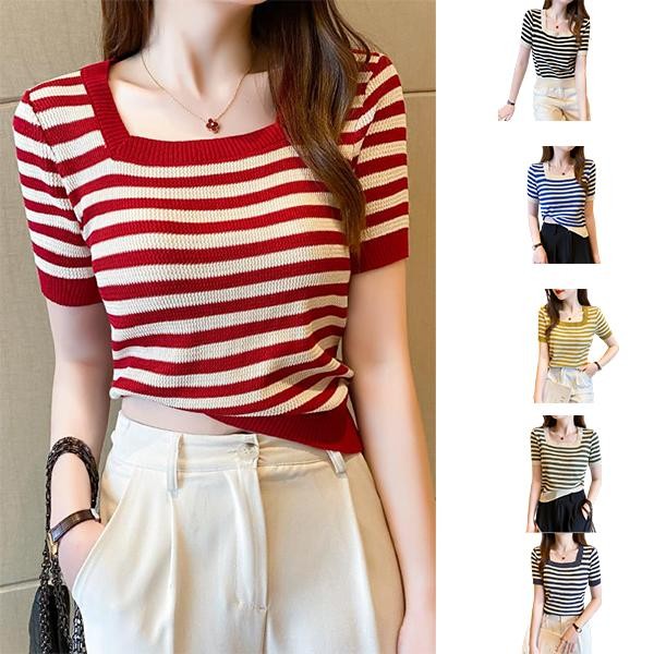 Red Berryเสื้อยืดลายทางสีแดงสำหรับผู้หญิง เสื้อสเวตเตอร์ถักตัดกันฤดูร้อน เสื้อครอปทรงเข้ารูปD617