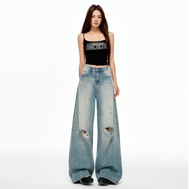 S-6XL กางเกงยีนส์แฟชั่นสีน้ำเงินขาดๆ ทรงหลวมเอวสูงขากว้างทรงตรงสำหรับผู้หญิง