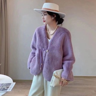 ใหม่สไตล์จีนเสื้อขนสัตว์หลวมขนสัตว์สั้นหนาสีม่วงสีขาวสีชมพูฤ…