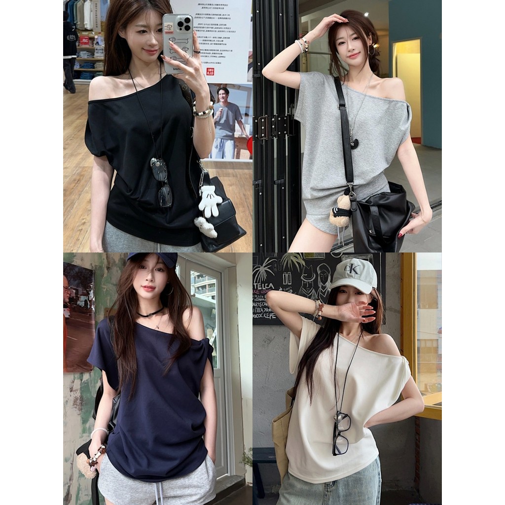 🍇Evelyn🍇เสื้อเปิดไหล่ แขนสั้น ผ้านิ่ม ผู้หญิง ทรงหลวม แขนสั้น สีพื้น เสื้อยืด แฟชั่น สไตล์ลำลอง ใส่สบาย