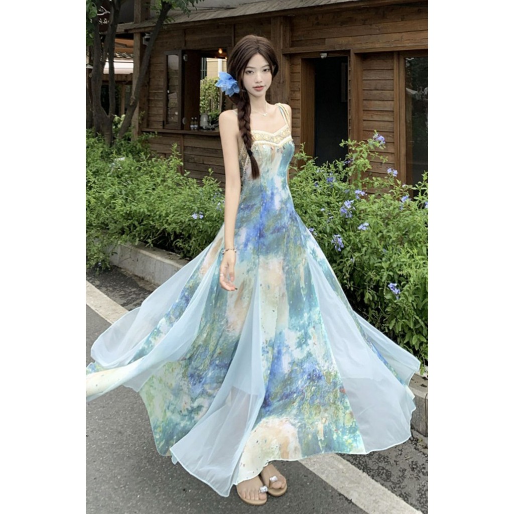 Plus ขนาดผู้หญิงฤดูร้อนภาษาฝรั่งเศสคํา High-End การติดเชื้อ Smudge พิมพ์สลิงไขมัน mm แคบเอว Slimmer 