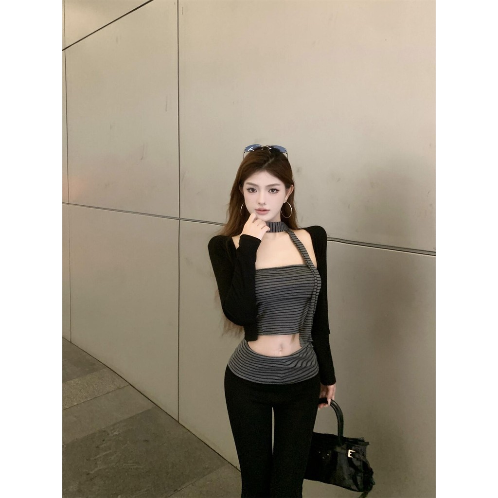 ชุด 3 ชิ้น Liasynn!สีดําแขนยาวคาร์ดิแกนเชือกแขวนคอคอลายหลอดด้านบนเสื้อกั๊กผู้หญิงฤดูใบไม้ร่วงกางเกงไมโครบานชุดสามชิ้น