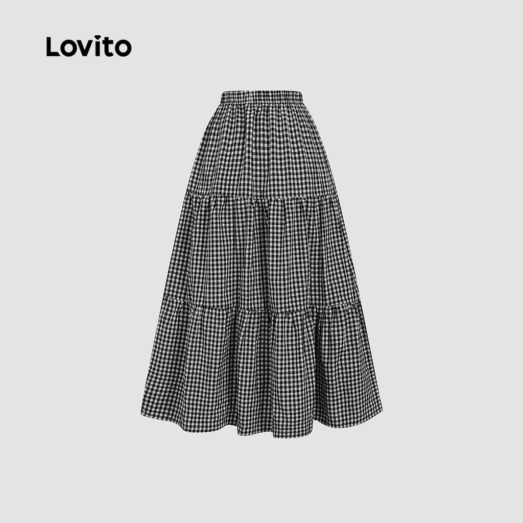 (New) Lovito กระโปรงแคชชวล ชั้น ๆ สำหรับฤดูใบไม้ผลิ/ฤดูร้อน สีดำและขาว สำหรับผู้หญิง L149LD012 - รูปที่ 4