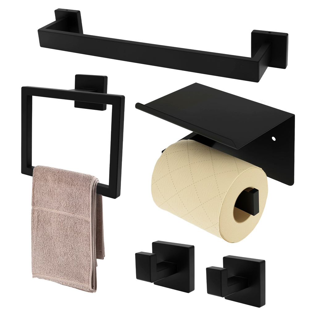 5ชิ้นสีดําด้านผ้าขนหนูบาร์ตะขอชุดสแตนเลสห้องน้ําชุดอุปกรณ์เสริมสําหรับโรงแรมบ้าน ร้านค้า1593