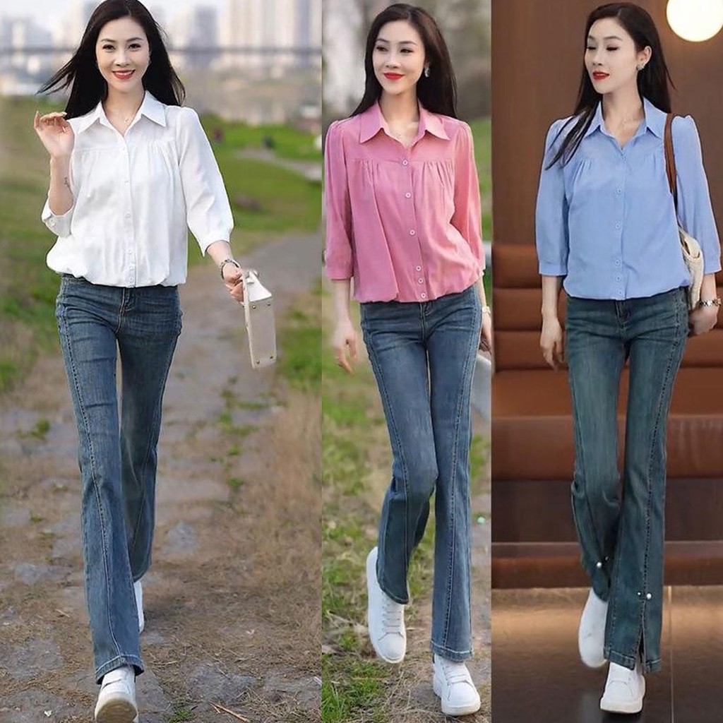 Dahong 💖W642 เสื้อเบลาส์สำหรับผู้หญิง เสื้อเชิ้ตแขนสามส่วน สีพื้น กกระดุมหน้า ทรงอาชีวะ วัยทำงานต้องหามา ริ้วรอยน้