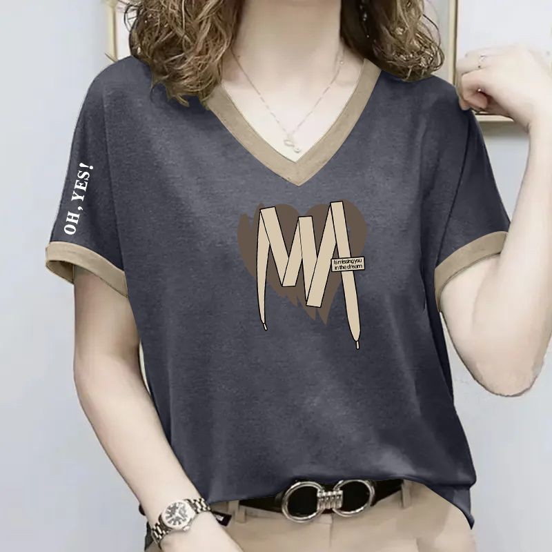 เสื้อยืดคอวีสุภาพสตรี แขนสั้น ลายพิมพ์แฟชั่นเกาหลี สำหรับฤดูร้อน