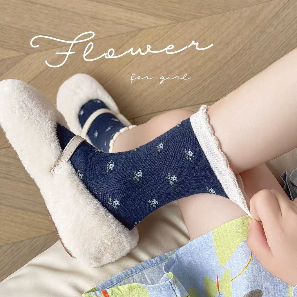 ถุงเท้าสไตล์โมริสำหรับสาว 5 คู่ ลายดอกไม้สีกรมท่า ออกแบบมาในฤดูใบไม้ผลิและใบไม้ร่วง พร้อมโบว์เล็กๆ แบบเจ้าหญิง - รูปที่ 2