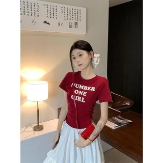 พร้อมส่ง เสื้อยืดสวยๆผู้หญิง แขนสั้นพิมพ์ เสื้อยืดแขนสั้นหลวมพิมพ์ตัวอักษรเรียบง่ายสไตล์เกาหลี