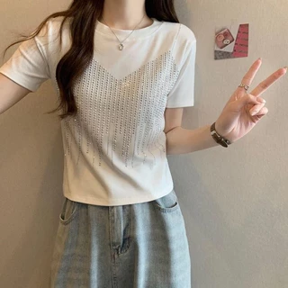 เสื้อยืดเพชร แขนสั้น สำหรับผู้หญิง ทรงสลิมฟิต แฟชั่นฤดูร้อน เสื้อแจ็กเกต