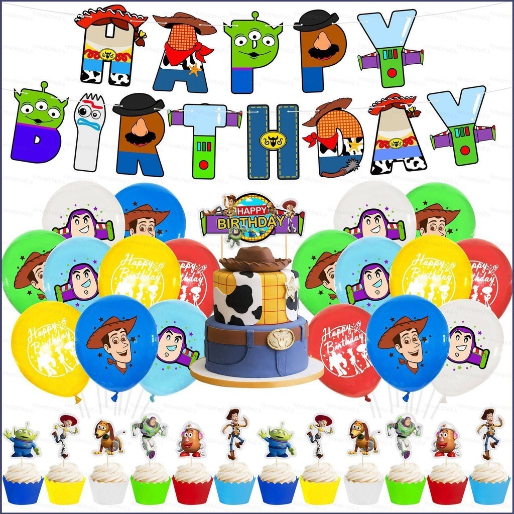 Toy Story Theme เด็กวันเกิด Party Decor การ์ดเค้ก Topper บอลลูนแบนเนอร์ Party Needs ฉากเค้าโครงเด็กข