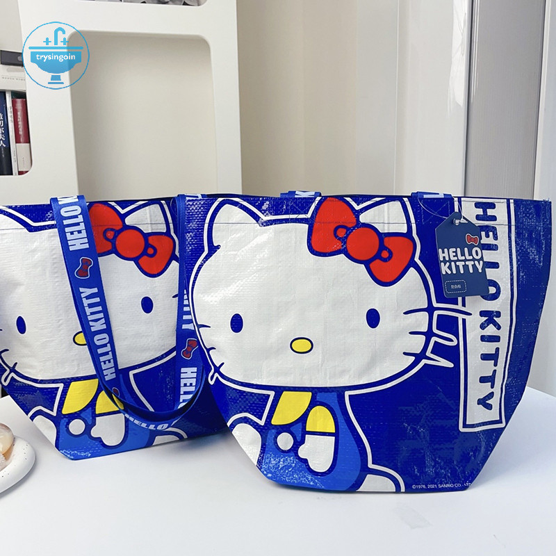 [trysingoin] Super Kawaii Blue Kittys พิมพ์ช้อปปิ้งกระเป๋าไนลอนเป็นมิตรกับสิ่งแวดล้อมกระเป๋าทอมือหนึ่งไหล่น่ารักและทนทานกระเป๋า TH