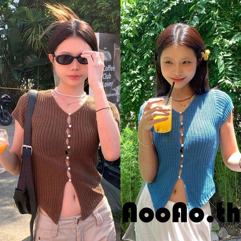 Aooao-เสื้อสเวตเชิ้ตผู้หญิงแขนสั้นคอวีติดกระดุมเสื้อถักเสื้อยืด