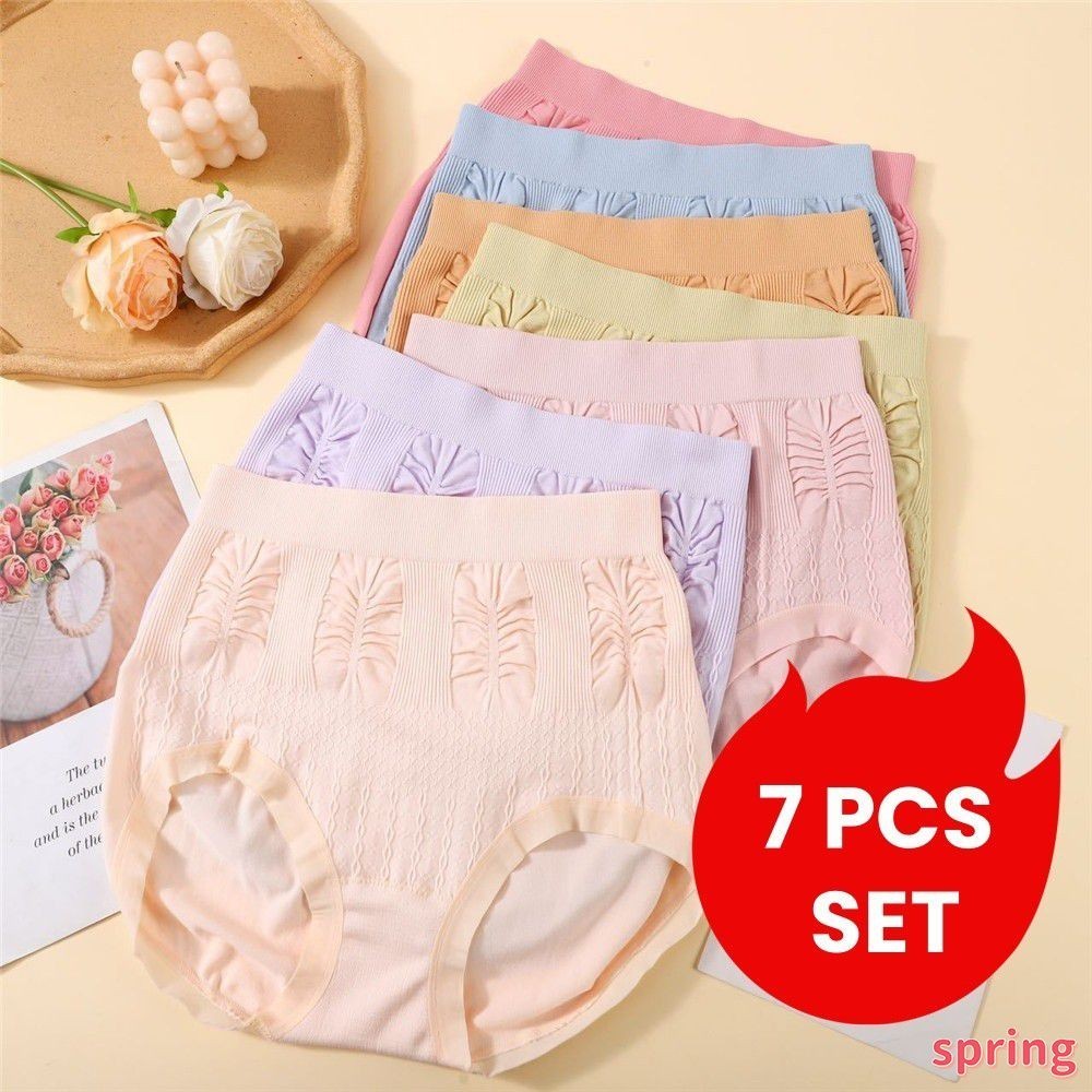 7 ชิ้น/เซ็ตกางเกงในสตรีขนาดพิเศษชุดชั้นในเอวสูงป้องกันแบคทีเรียระบายอากาศได้สบายยืดหยุ่นสูงชุดชั้นในหญิงไร้รอยต่อ (ฤดูใบไม้ผลิ)