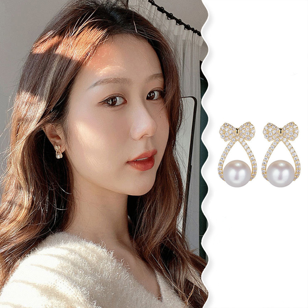 โบว์ต่างหูมุกที่เรียบง่ายแสงหรูหราบุคลิกภาพต่างหูสตั๊ดต่างหูเพชรวินเทจฝรั่งเศส