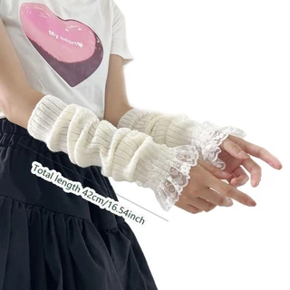 SWEE ถุงมือถัก, Fingerless False Sleeves Long Wrist Gloves, สไตล์ญี่ปุ่นสีดําสีขาวนิ้วมือแขนอุ่นข้อศอก Mittens สําหรับ Y2k Spice Girls