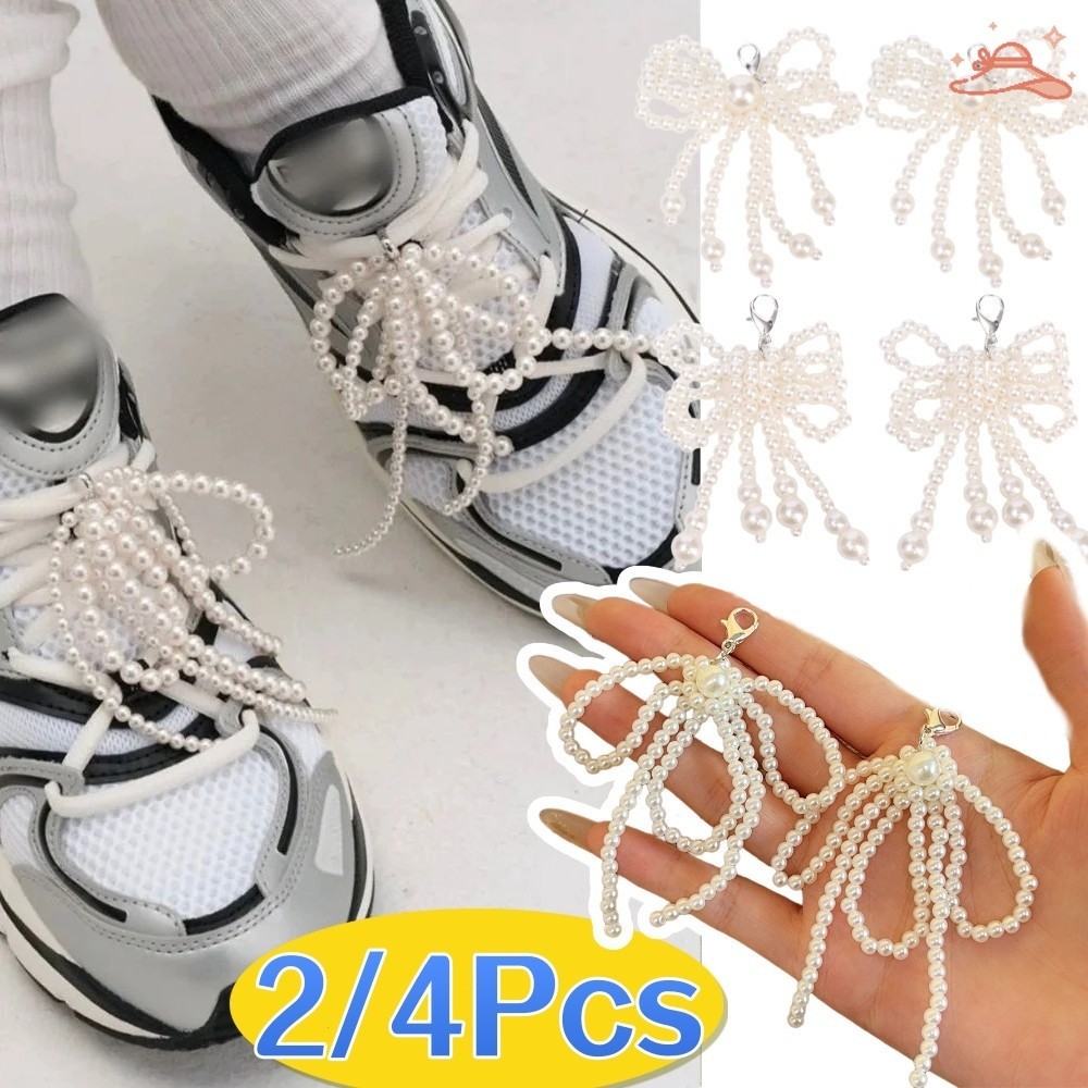 2/4 ชิ้น Y2K สไตล์หวานโบว์ลูกปัดรองเท้า Buckles- DIY รองเท้าโทรศัพท์แขวนเครื่องประดับ-แฟชั่น Pearl Bowknot Shoelace Chain
