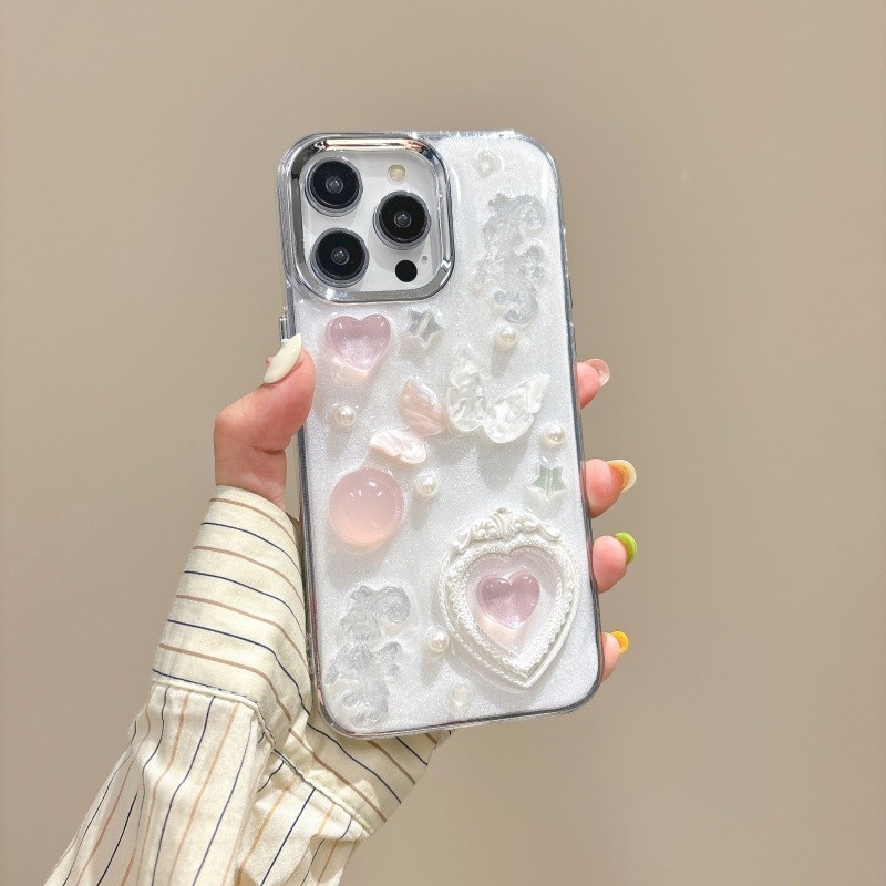 3d สีชมพู Love กรอบรูป Dropping กาว Hard Case สําหรับ iPhone 11 12 13 14 15 Pro Max สีขาว anti fall ฝาครอบปลอก