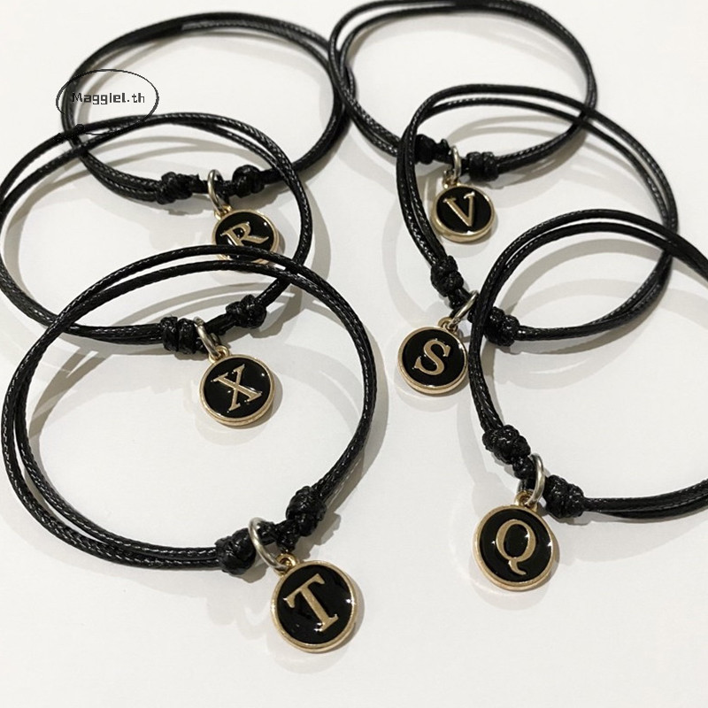 Maggiel แฟชั่น Simple 26 สร้อยข้อมือตัวอักษรภาษาอังกฤษ Handmade ปรับด้ายขี้ผึ้งสร้อยข้อมือสีดําสําหรับผู้หญิงผู้ชายเครื่องประดับของขวัญ TH