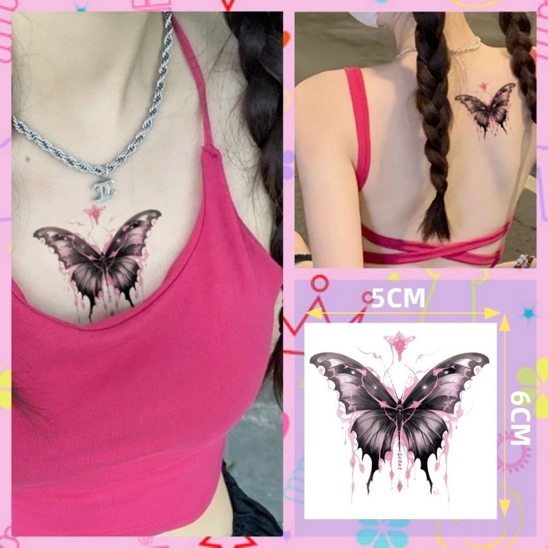 รอยสักลายผีเสื้อคริสตัลสีดําสาวน่ารักกระดูกไหปลาร้าสติกเกอร์รอยสักกันน้ํายาวนาน 7 วัน รอยสักวันหยุดชั่วคราว