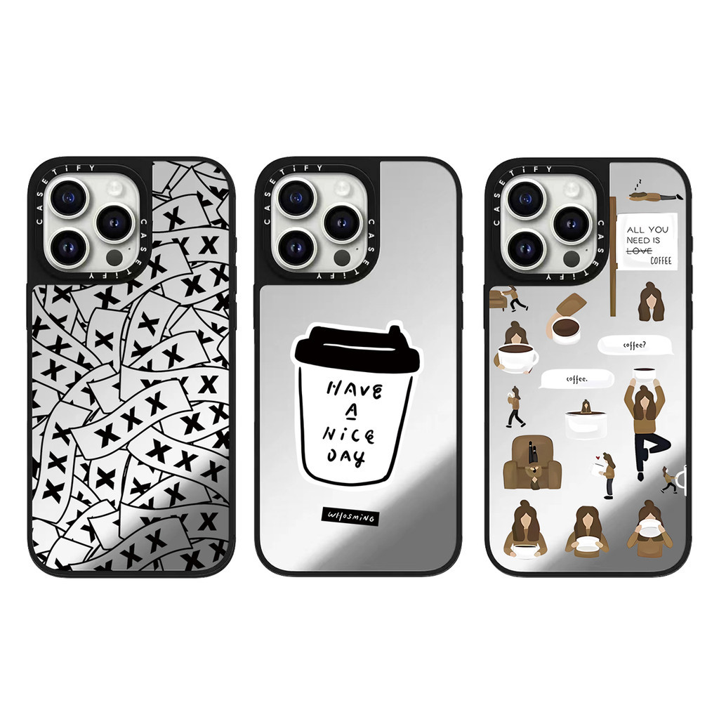 สีดําและสีขาวกาแฟแมวกระจกเคสโทรศัพท์สําหรับ IPhone 15 ProMax 15Pro 15 14 13 12 11 Pro Max กรณีห่อกันกระแทก Matte frosted ด้านหลังปกแข็ง