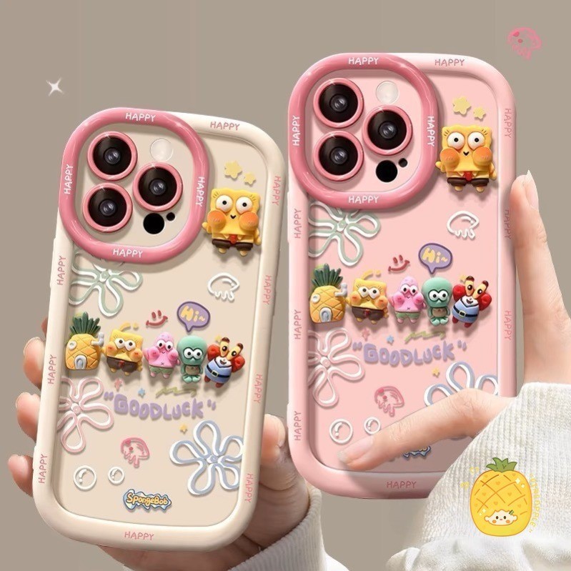 เคสโทรศัพท์น่ารัก iPhone 16 15 14 13 11 Pro Max X Xr Max 7 8 Plus INS 3D DIY การ์ตูน SpongeBob SquarePants ฝาครอบโทรศัพท์ปกอ่อน