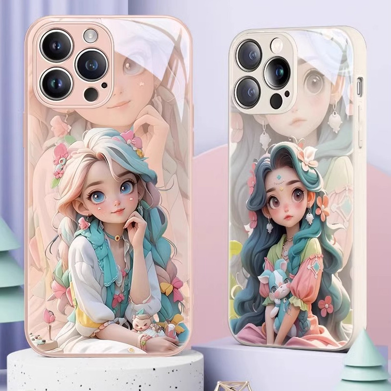 เจ้าหญิงสาวสําหรับiphone 15 14 8 7 6 6s Plus 13 12 Mini 11 Pro Max X XR XS Max SE2 น่ารักการ์ตูนกระจกเทมเปอร์ปลอกiPhone 13Mini 12Mini 15Plus 14Plus 8Plus 7Plusฝาครอบ