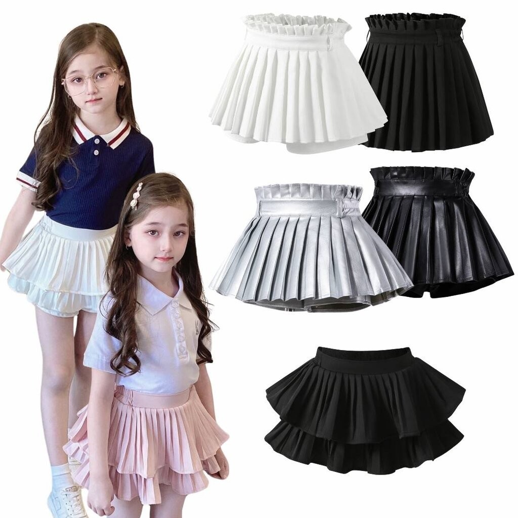 friendly4kid พร้อมส่ง กระโปรง เด็กอัดพลีท ทรงสั้น มีซับในกางเกง ลายพื้น เกรดคุณภาพ แบบสั้น พองฟู